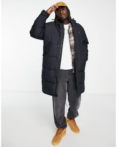 Fred Perry Long Quilted Puffer Coat - Blue