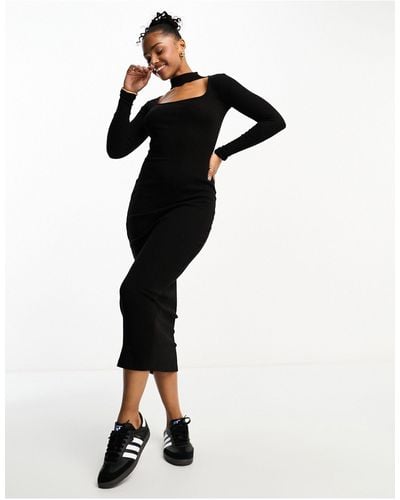 Pull&Bear Choker Detail Long Sleeve Midi Dress - Black