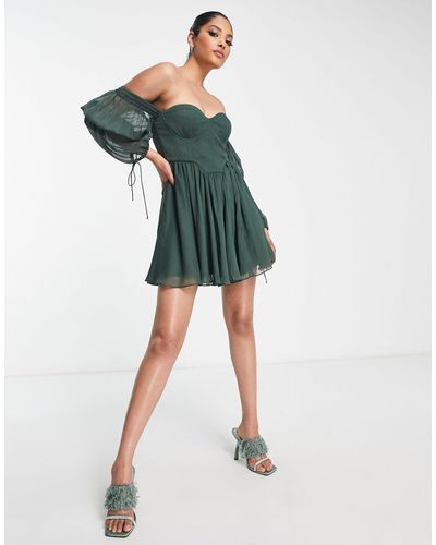 ASOS Corseted Off-the-shoulder Flippy Dress With Blouson Sleeves - Green