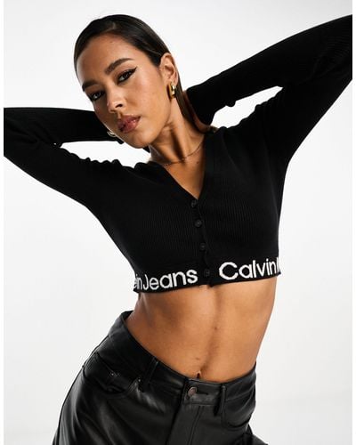 Calvin Klein – kurze strickjacke aus sweatstoff - Schwarz