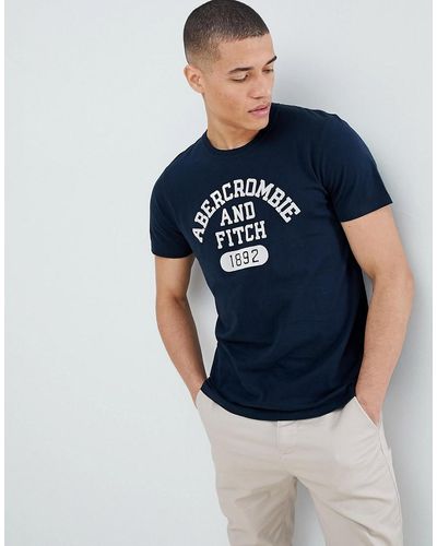 Abercrombie & Fitch Varsity Flock Print Logo Crew Neck T-shirt In Navy - Blue