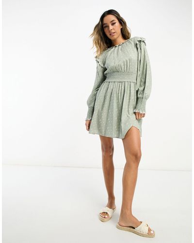 ASOS Mini-jurk Met Gesmokte Taille, Contrasterende Stiksels En Fijne Print - Groen