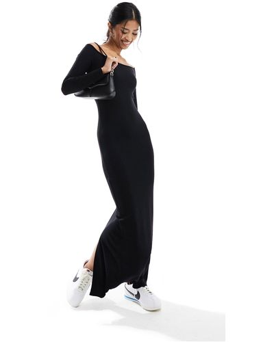 Bershka Off The Shoulder Long Sleeve Shaping Maxi Dress - Black