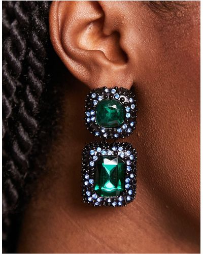 Pieces Square Drop Green Stone Earrings With Rhinestones - Black