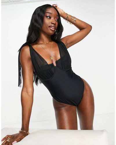 South Beach Underwired Swimsuit With Shoulder Tie Up Detail - Black
