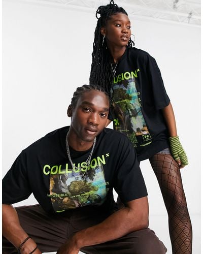 Collusion Unisex - T-shirt Met Magazine Print Op - Zwart