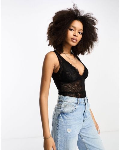 & Other Stories Lace Bodysuit With Deep V-neck - Blue