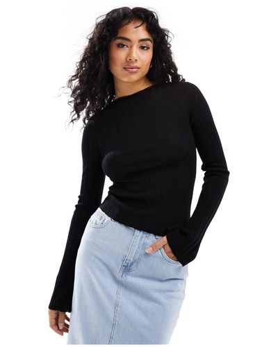 & Other Stories Merino Wool Knitted Variegated Rib Top With Boat Neck - Black