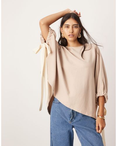 ASOS Jersey Oversized Slouchy Top With Contrast Tie Detail - Natural