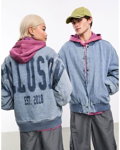 Collusion Unisex Oversized Denim Bomber With Branding - Blue