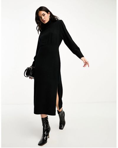 & Other Stories Padded Shoulder Knitted Wool Midaxi Dress - Black