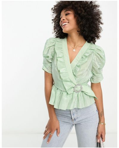 River Island Ruffle Detail Wrap Blouse With Diamante Buckle - Green