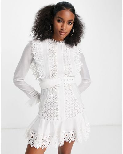 ASOS Lace Frill Detail Mini Dress With Belt - White