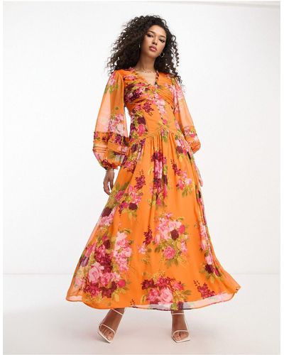 ASOS Maxi Jurk Met Knoopjes, Plat Gestikte Plooitjes, Kanten Inzetstukken En Bloemenprint - Oranje