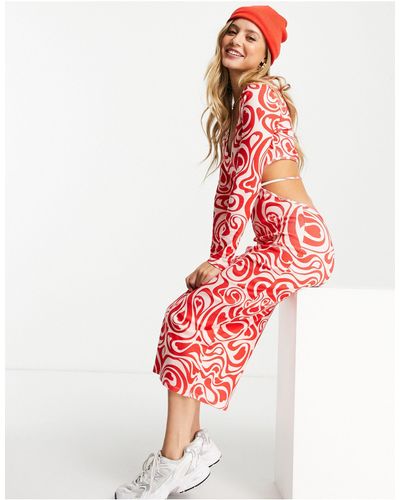 Monki Heart Swirl Print Cut Out Midi Dress - Red