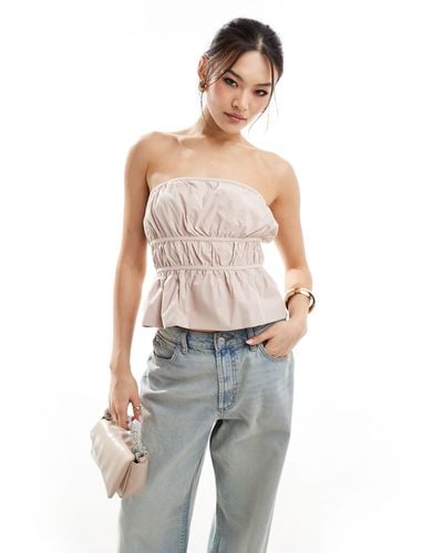 ASOS Bubble Hem Shirred Bandeau Top With Tie Back - Natural