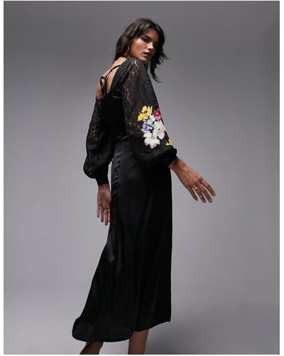 TOPSHOP Lace Sleeve Satin Gown - Black