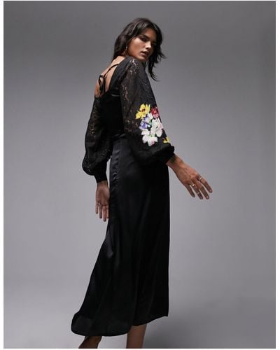 TOPSHOP Premium - robe mi-longue élégante en tissu satiné et dentelle à broderies colorées - Noir