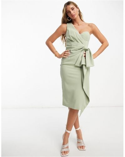 Lavish Alice One Shoulder Midi Dress With Bow Detail - Green