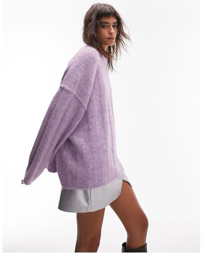 TOPSHOP Knitted Slouchy Exposed Seam Fluffy Wide Rib Jumper - Purple