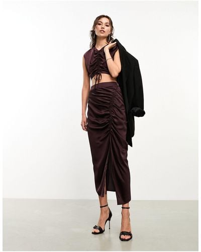 AllSaints X Asos Exclusive Carla Ruched Satin Midi Skirt - Multicolor
