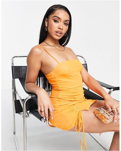 Naanaa Mini Dress With Ruched Sides And Tie Detail - Orange
