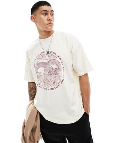 ASOS T-shirt oversize bianco sporco con stampa di drago sul davanti