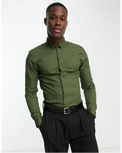 New Look Long Sleeve Muscle Fit Poplin Shirt - Green
