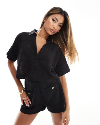 In The Style Broderie Cropped Shirt Co-ord - Black