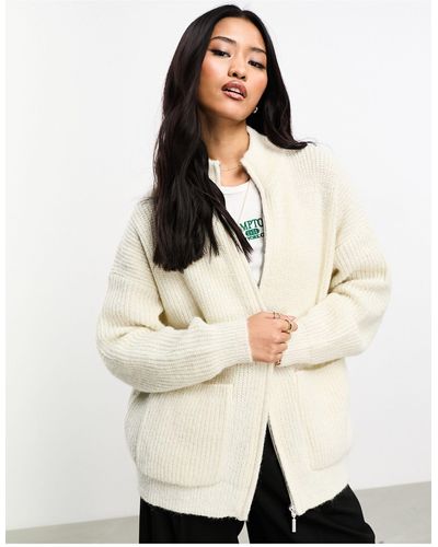 ONLY Zip Through Fluffy Ribbed Cardigan With Pocket Detail - Natural