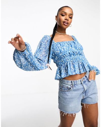 Moon River Square Neck Long Puff Sleeve Top - Blue