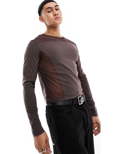 ASOS T-shirt manches longues moulant en tulle à empiècements style coupé-cousu - marron