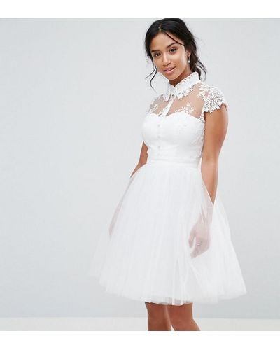 Chi Chi London Mini Tulle Skater Dress With Lace Collar - White