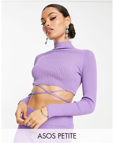ASOS Asos Design Petite Crop Knitted Top With Tie Detail - Purple
