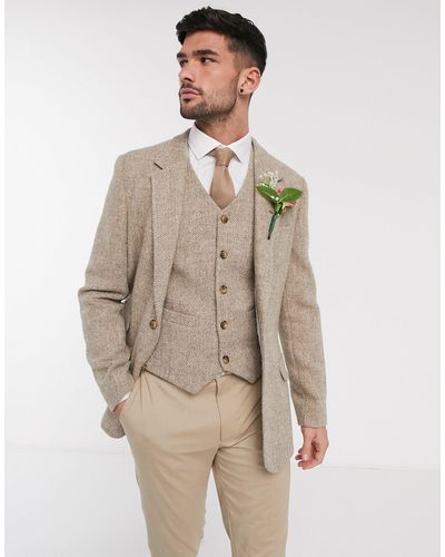 ASOS Wedding - Smalle Harris Tweed Blazer Met Wollen Visgraatmotief - Naturel