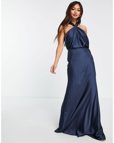 ASOS Bridesmaid Satin Ruched Halter Neck Maxi Dress - Blue