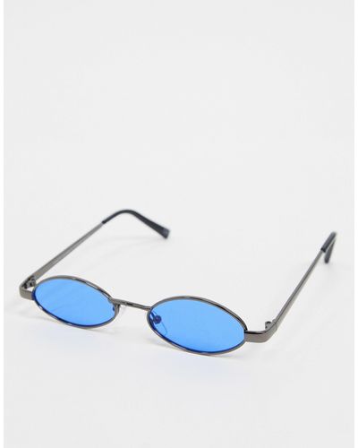 ASOS Mini Oval Sunglasses With Blue Lens - Gray