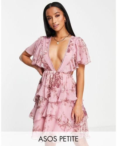 ASOS Asos Design Petite Tiered Mini Dress With Lace Insert And Open Back - Pink