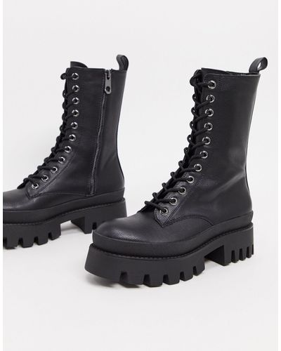 Bershka Lace Up Biker Boot With Sole Detail - Black