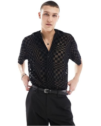 Twisted Tailor Checkerboard Burnout Short Sleeve Revere Shirt - Black