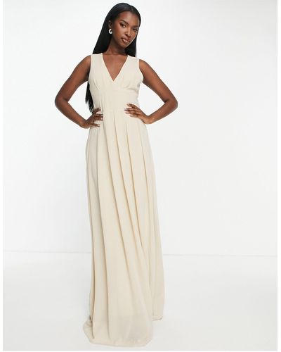 TFNC London Bridesmaid Chiffon V Front Maxi Dress With Pleated Skirt - White