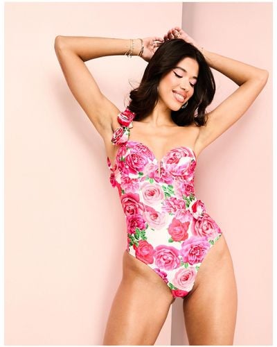 ASOS One Shoulder Corsetted Swimsuit With Tulle Corsage Detail - Pink