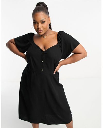 Vero Moda Linen Touch Flutter Sleeve Midi Dress - Black
