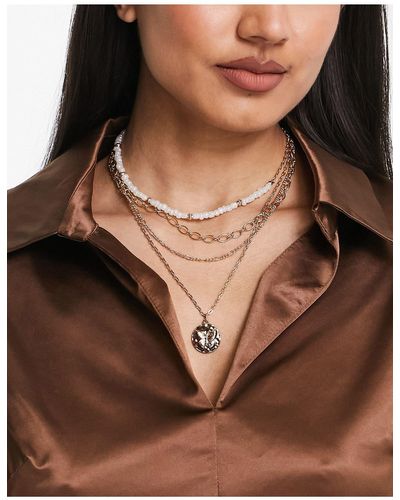 River Island Multirow Chain Necklace With Hammered Pendant - Brown