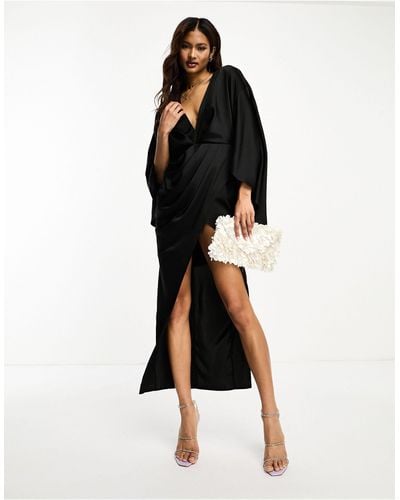 ASOS Satin Batwing Pleat Midi Dress With Drape Skirt - Black