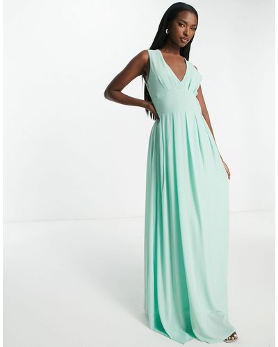 TFNC London Bridesmaid Chiffon V Front Maxi Dress With Pleated Skirt Fresh Sage - Green