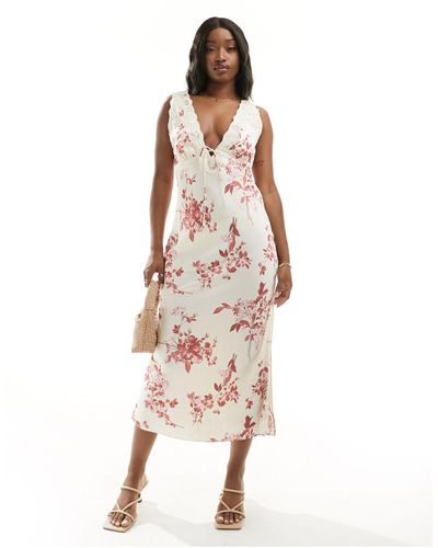 Abercrombie & Fitch Vestido lencero midi color crema con estampado floral y encaje - Blanco