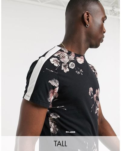 Religion Tall All Over Floral Print T-shirt With Side Stripe Details - Black