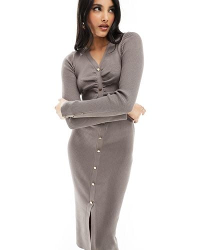 New Look Knitted Ruched Button Through Midi Dress - Grey
