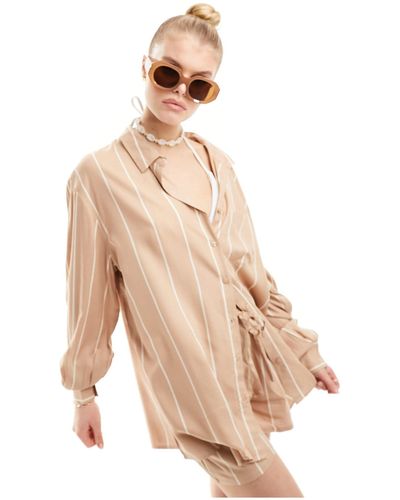 esmé studios Esmee Long Sleeve Oversized Stripe Beach Shirt Co-ord - Natural